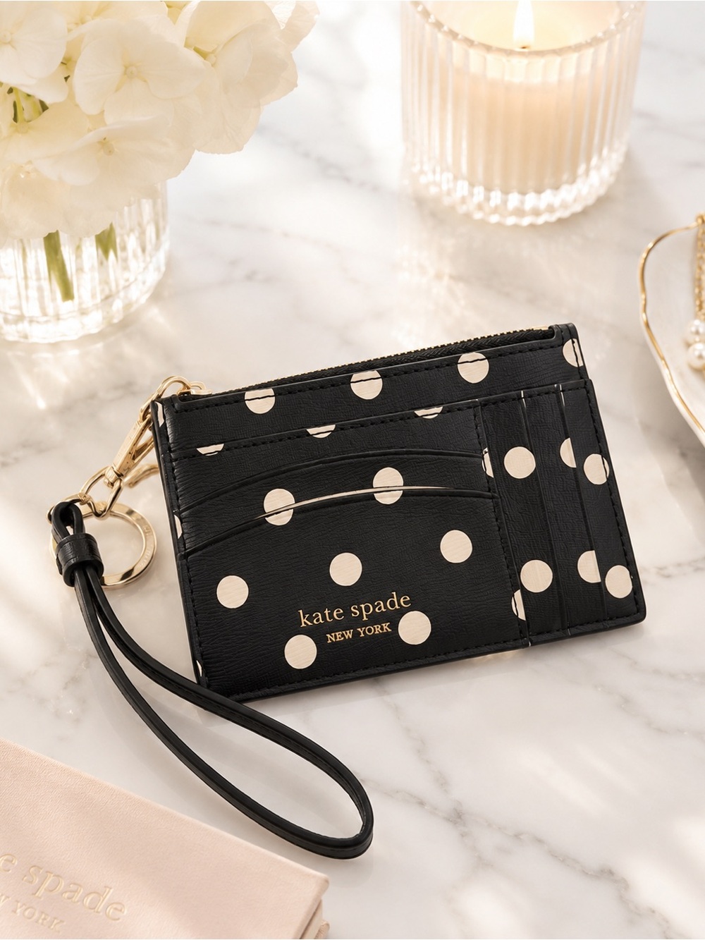 Kate Spade New York Black & Cream Polka Dot Wristlet Card Holder
